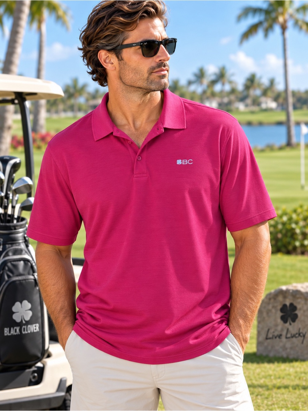 Black Clover Golf Polo Shirt Men’s XXL Pink Raspberry BC Logo Short Sleeve #228